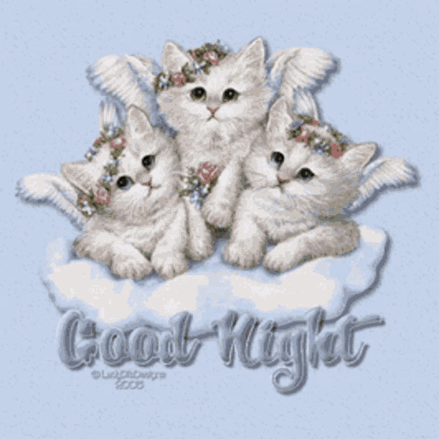 three white kittens with wings and flowers on their heads are on a cloud with the words good night written below them