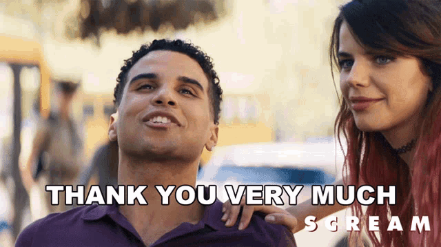 a man and a woman with the words thank you very much scream