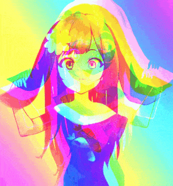 a colorful drawing of a girl with long hair and a rainbow background