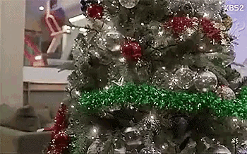 a christmas tree is sitting in a living room in front of a window .