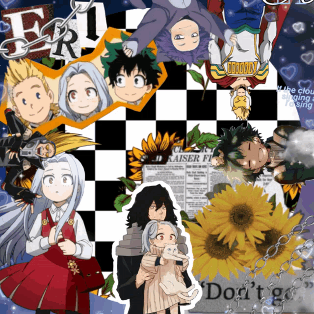 a collage of anime characters with a kaiser newspaper in the background