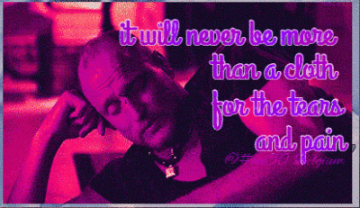 a purple poster of a man with the words it will never be more than a cloth for the tears and pain