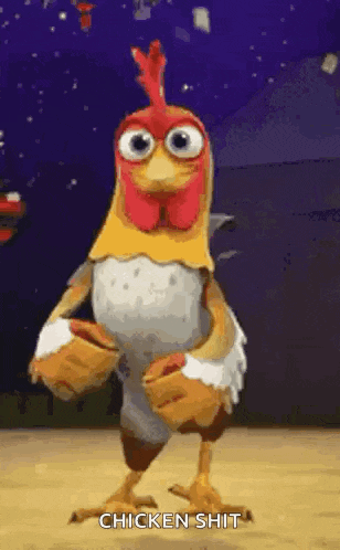 a cartoon chicken is standing on a wooden floor with its arms outstretched and says chicken shit .