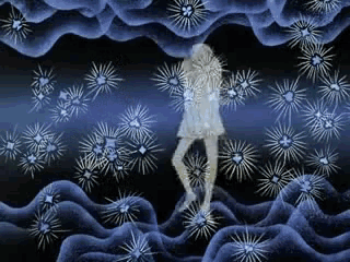 a painting of a woman surrounded by stars in a dark room