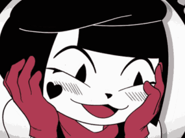 a black and white drawing of a girl with red gloves on