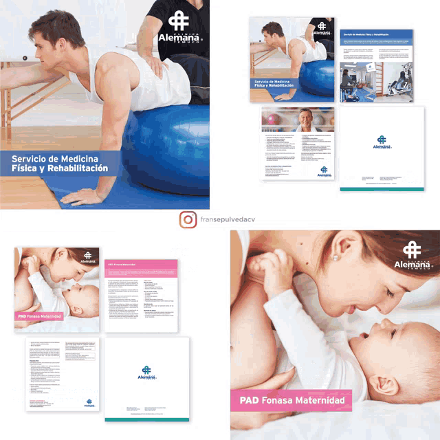 a woman is holding a baby and a man is doing push ups on a ball