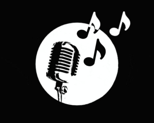 a black and white drawing of a microphone with music notes in the background