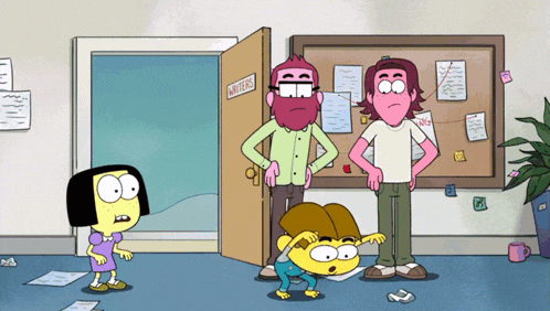 a group of cartoon characters are standing in front of a bulletin board that says writers