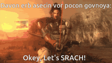a picture of a man holding a sword with a caption that says okey let 's srach