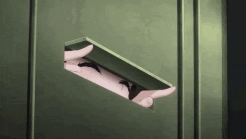 a person peeking out of a hole in a green wall