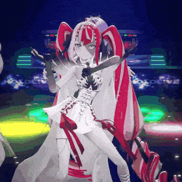 a girl with red hair and a white dress is dancing in front of a sign that says oplive