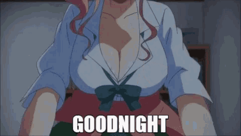 a woman with a very large breast is sitting in a chair and says `` goodnight '' .