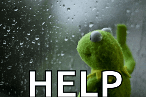 a kermit the frog is looking out a window with the word help written on it