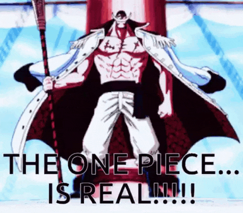a man in a white coat is holding a sword and says `` the one piece is real ! ''