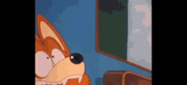 a cartoon fox is standing in front of a window in a room .