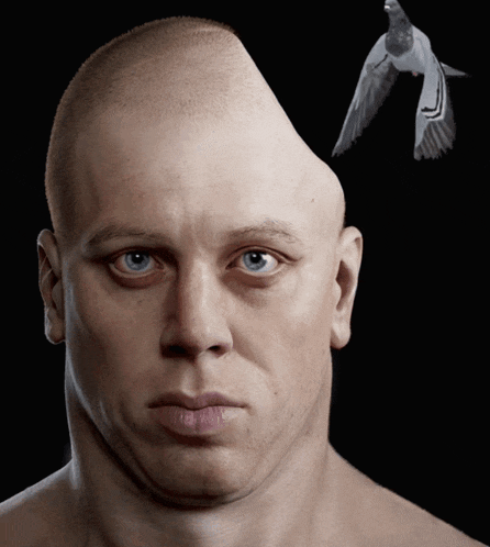 a man with a pigeon flying in the background