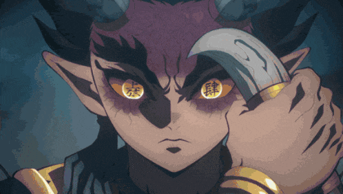 a demon holding a sword with chinese writing on his face