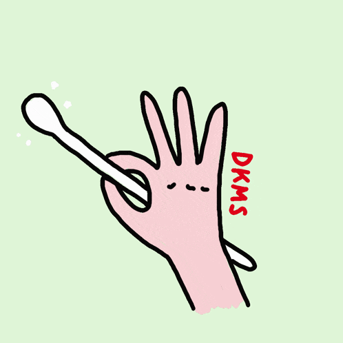 a drawing of a hand holding a cotton swab with dkms written on the bottom right