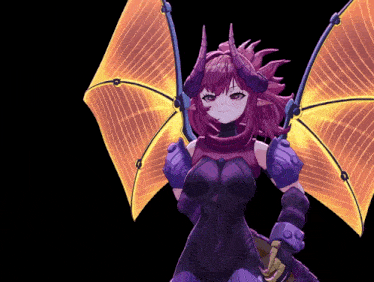 a purple and orange anime character with horns and wings on a black background