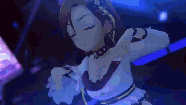 a girl in a white dress is dancing in a dark room with blue lights behind her .