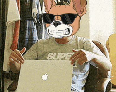 a man wearing sunglasses and a shirt that says super