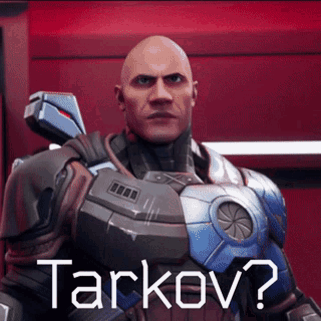 a bald man is wearing a robotic suit and says tarkov ?