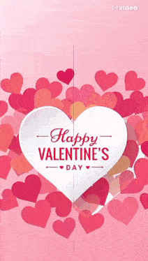 a happy valentine 's day greeting card with a white heart on a pink background