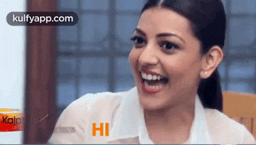 a close up of a woman 's face with the words hi on the bottom .