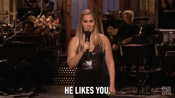 a woman stands in front of a microphone and says " he likes you "