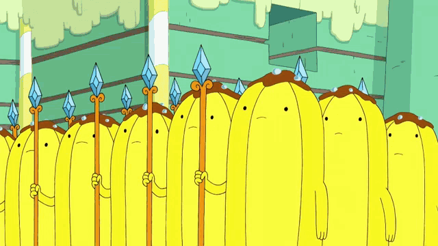 a bunch of yellow cartoon characters holding spears