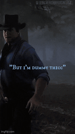 a man in a cowboy hat says " but i 'm dummy thicc " while holding a gun
