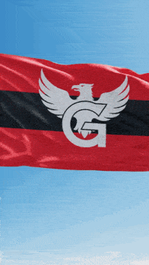 a red black and white flag with an eagle and the letter g