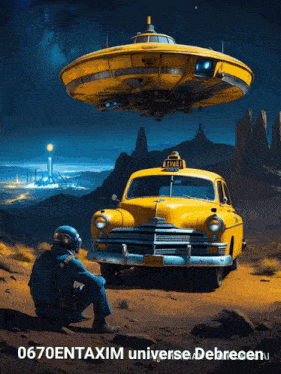 a man sits in front of a yellow taxi with a flying saucer above it