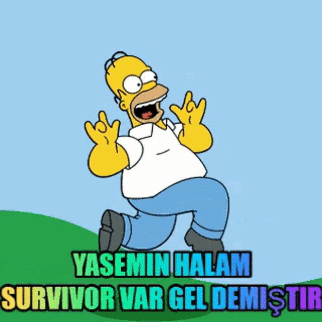 a cartoon of homer simpson with the words yasemin halam survivor var gel demistir
