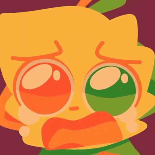 a cartoon drawing of a yellow cat with green eyes and tears coming out of its eyes