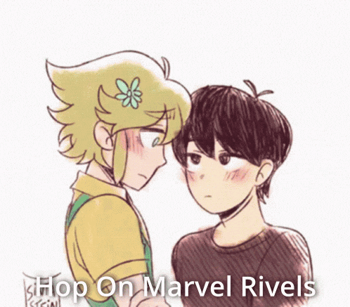 a drawing of two anime characters looking at each other with the words `` hop on marvel rivals '' above them .