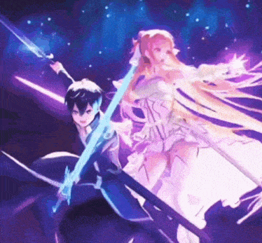 a boy and a girl are holding swords in a purple and blue background .