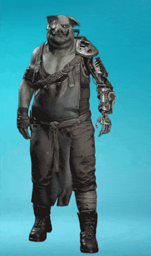 a man with a pig head and a robot arm