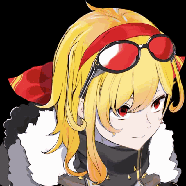 a girl with yellow hair and red eyes is wearing sunglasses