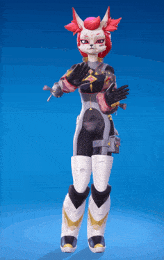 a video game character with a fox 's head and red hair is standing in front of a blue background