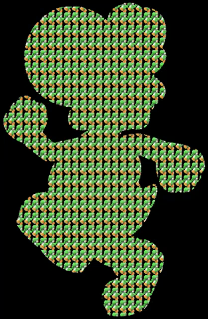 a silhouette of a person made up of green and orange dots on a black background