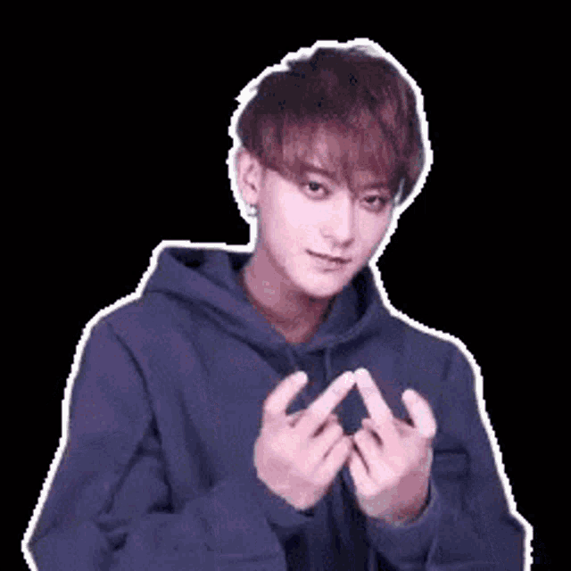 a young man wearing a blue hoodie is making a heart shape with his hands .
