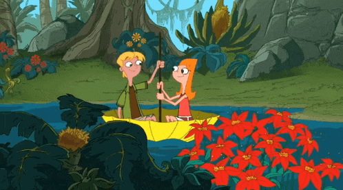 a cartoon of a boy and a girl in a boat with flowers in the background