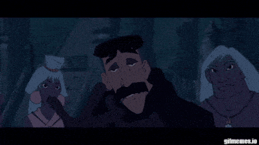 a man with a mustache is surrounded by two women and says maybe somebody got hurt but gifmemes.io