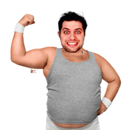 a man wearing a grey tank top is flexing his muscles