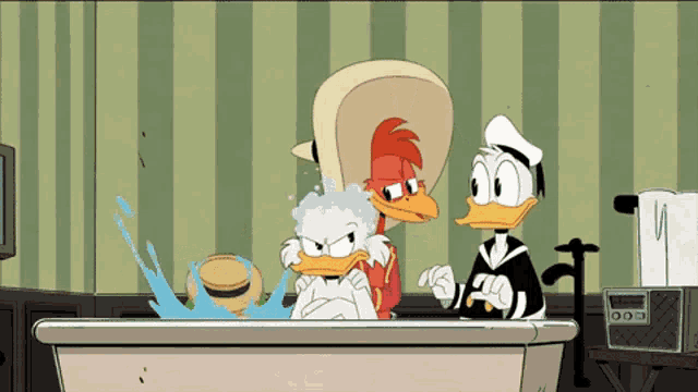 a group of cartoon characters are standing around a bathtub .
