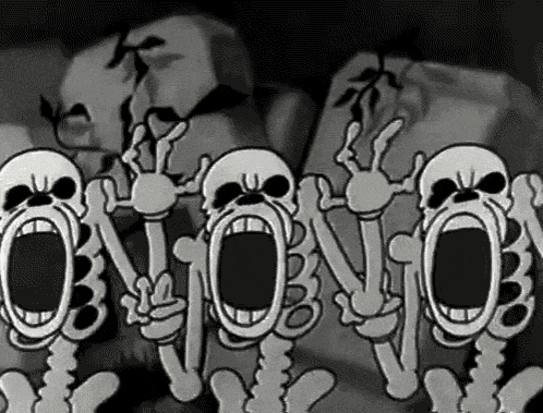 a black and white cartoon of a group of skeletons with their mouths wide open .