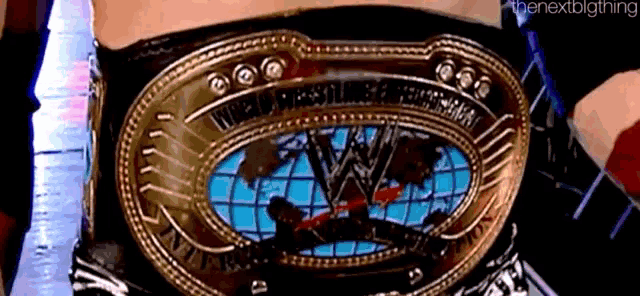 a woman is wearing a wrestling belt that says wwe world heavyweight championship .