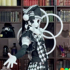 a person dressed as a harlequin is standing in front of a bookshelf