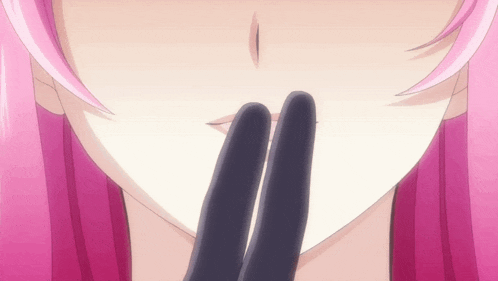 a close up of a pink haired anime girl covering her mouth with her hands